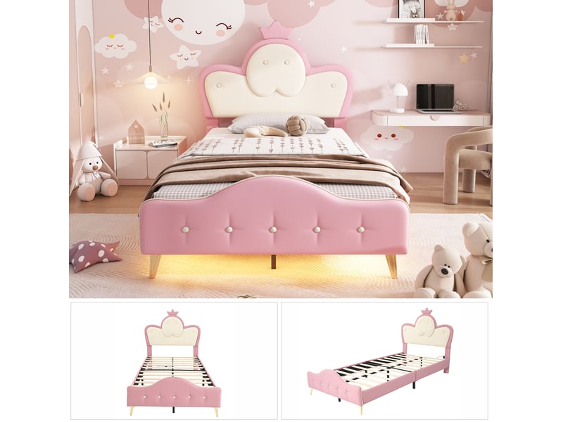  Lit enfant 90x200 cm rembourré avec led, tête de lit couronne, rose et blanc  - Conforama D
