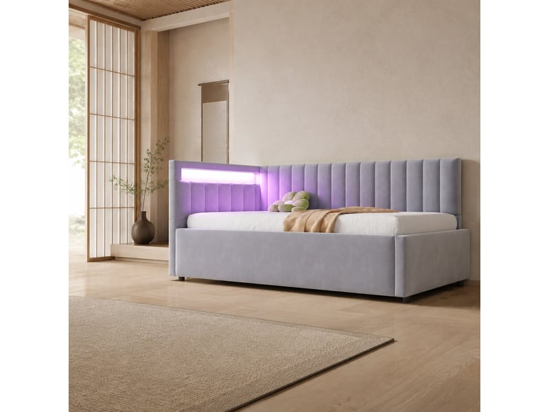  Lit banquette coffre 90x200 cm led en velours gris clair  - Conforama B
