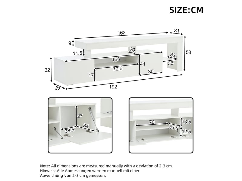  Meuble tv led 192 x 37 x 53 cm blanc brillant, 3 placards, grand rangement, jusqu’à 85 pouces  - Conforama E