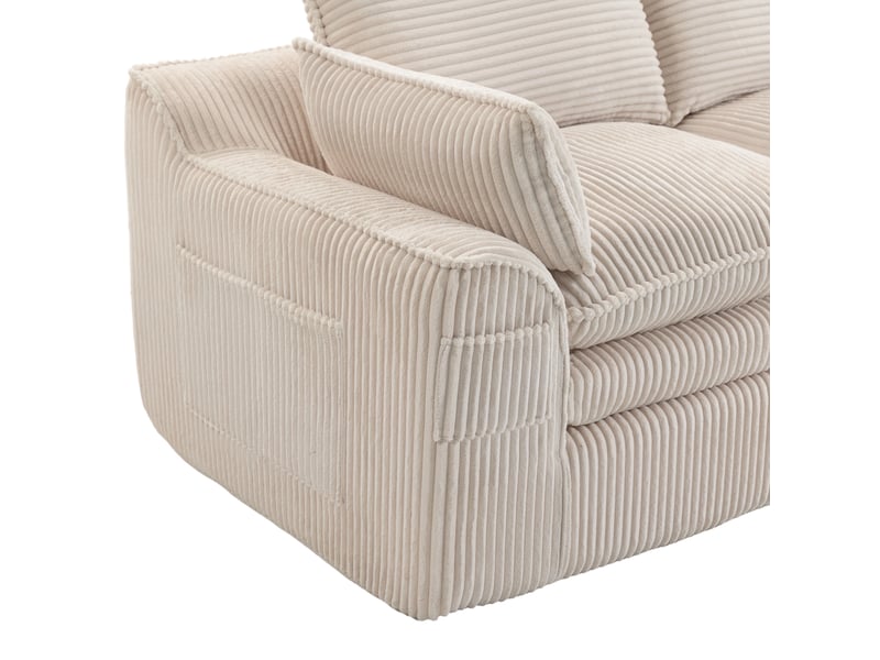  Canapé droit modulable 4 places en velours côtelé beige avec 2 poufs, poches latérales et coussins confortables  - Conforama D