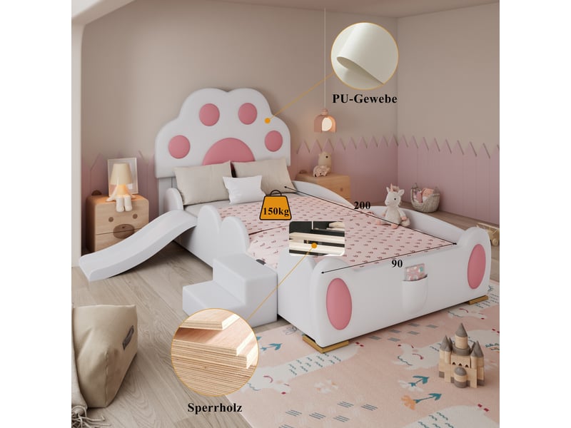  Lit enfant 90x200 cm avec tête de lit patte de chat et sommier à lattes, blanc et rose  - Conforama E