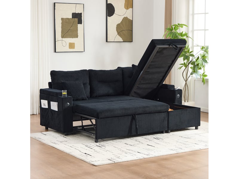  Canapé convertible modenvie 3 places avec méridienne rangement usb-c noir en velours côtelé 212,5 x 136 cm  - Conforama D