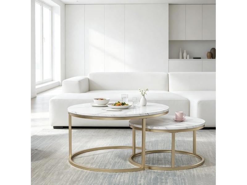  Lot de 2 tables basses gigognes rondes en mdf effet marbre blanc  - Conforama E