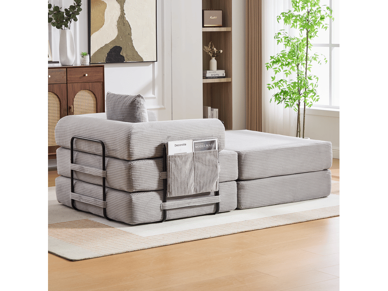  Fauteuil modulable modenvie 1 place avec pouf en velours côtelé gris clair 112 x 190 x 67 cm  - Conforama D