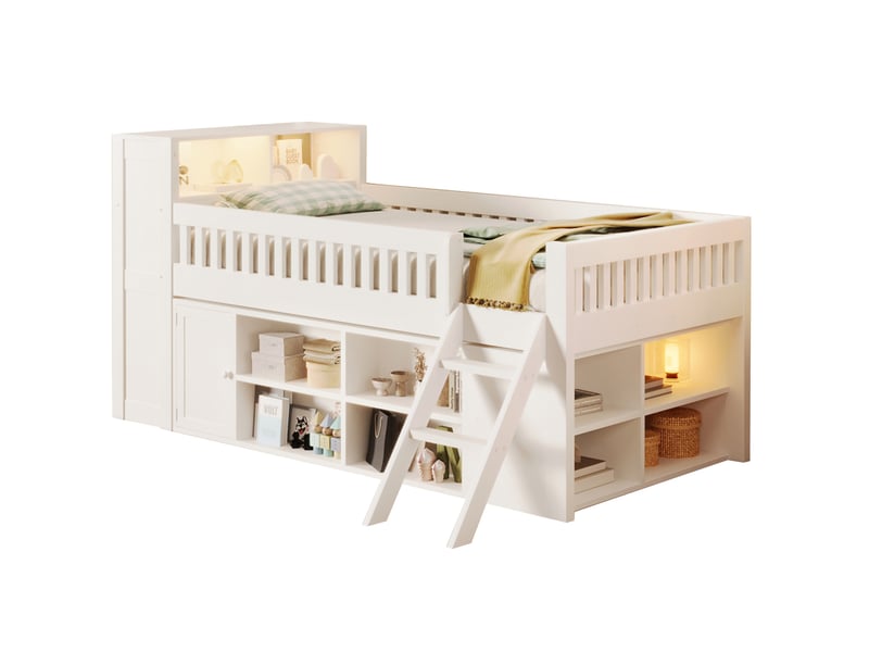  Lit surélevé 120x200 cm avec rangements et éclairage led, blanc  - Conforama A