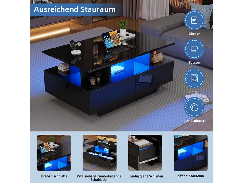  Table basse led moderne avec 2 tiroirs, 90x55x41 cm, bois, table basse noire brillante  - Conforama D