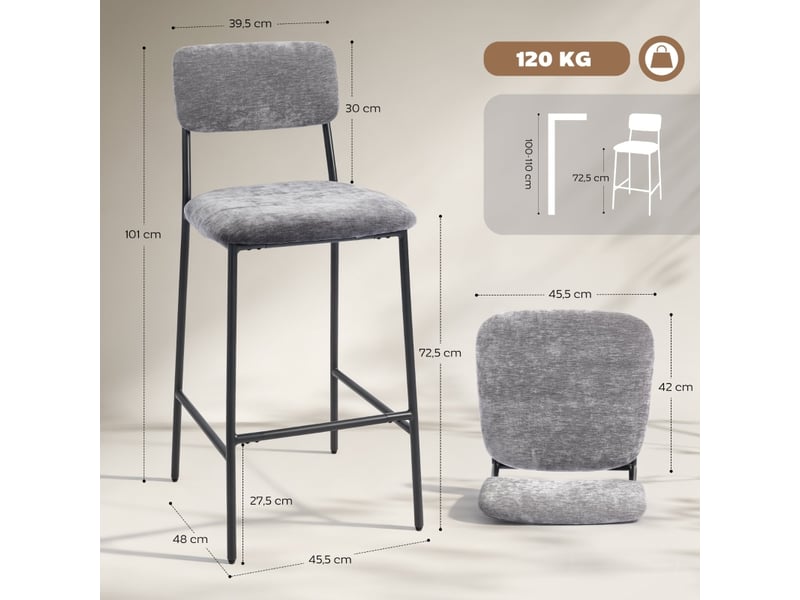  Tabourets de bar lot de 2 avec dossier haut et repose-pieds - lpospi - structure acier, polyester - gris  - Conforama D