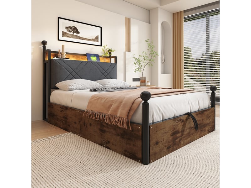  Lit simple en métal 90*190 cm avec coffre hydraulique, baldaquin, led et usb type-c, noir  - Conforama D