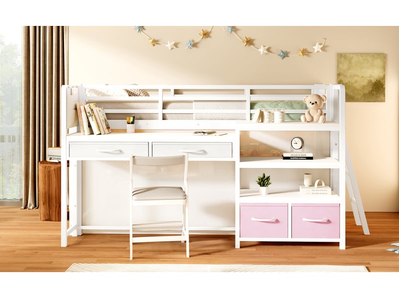  Lit superposé 90x200 cm blanc métal avec bureau rangement tiroirs tissu rideau étagères led pour chambre enfant Sol Morn - Conforama B