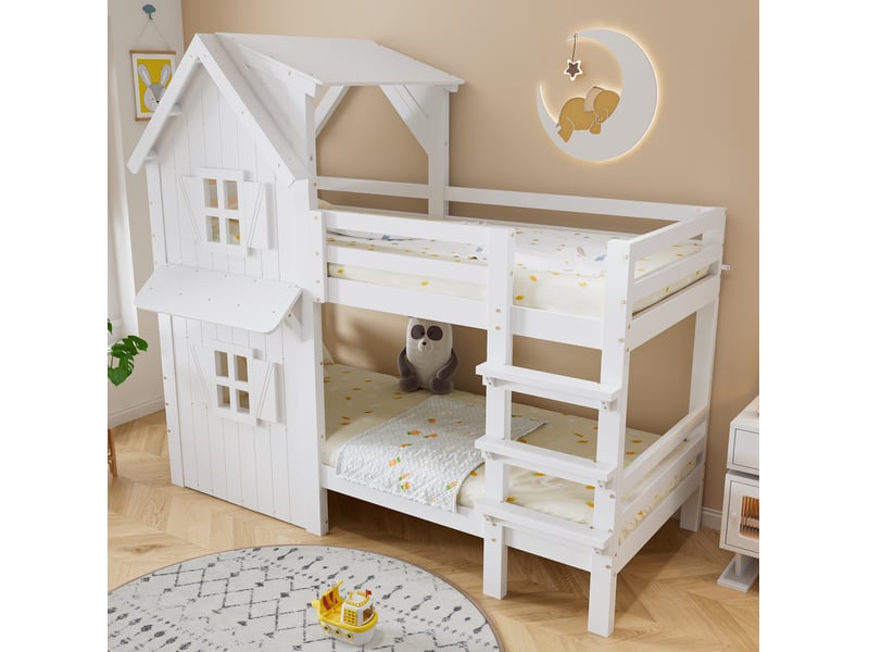 Lit superposé cabane 90x200 cm blanc avec fenêtres et toit - Conforama C