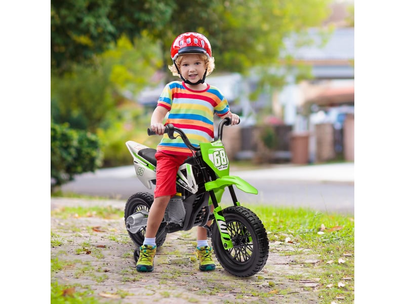 Moto électrique pour enfants, 12 v, avec musique, stabilisateurs, 3-6 ans, verte - Conforama D
