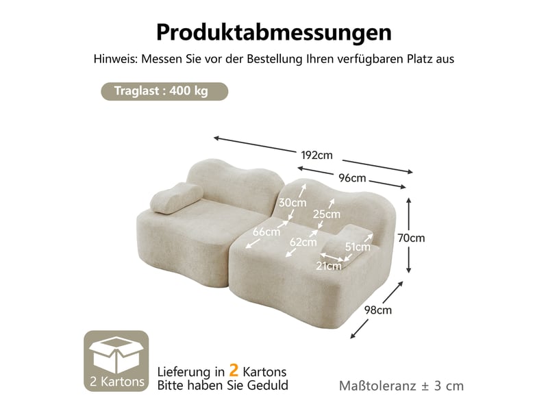  Canapé modulable 2 places – canapé sans cadre en mousse haute densité 32d, assise profonde, design ondulé, coussins d’accoudoir amovibles, velours doux - beige  - Conforama D