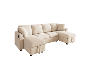 Canapé d'angle panoramique convertible <strong>WISHDOR</strong> <strong></strong> 4 places Tissu beige avec coffre de rangement