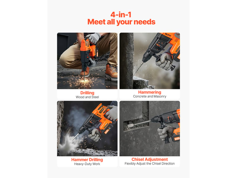 Vevor perceuse a percussion sans fil 20 v, marteau perforateur capacite 26 mm, compatible avec les forets sds-plus, avec batterie lithium-ion et chargeur, 4 fonctions, 1200 trmin, 5300 bpm, chantier  - Conforama C