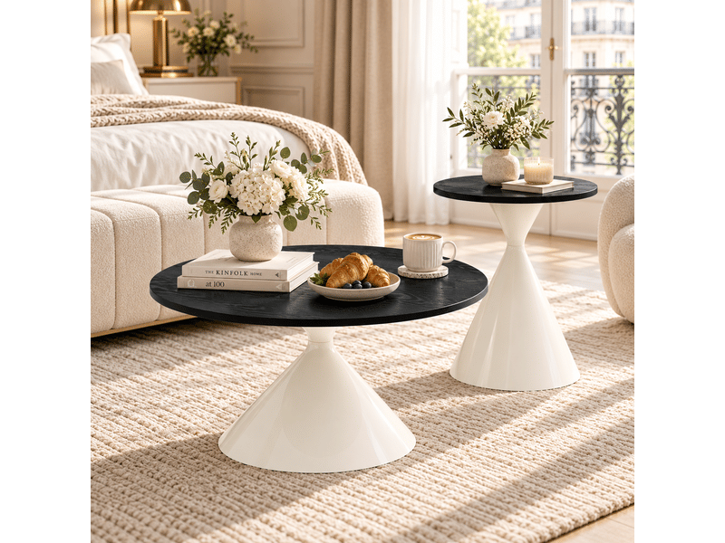  Tables basses gigognes rondes, avec 2 plateaux en mélaminé, base métal et style moderne, pour salon, noir  - Conforama B