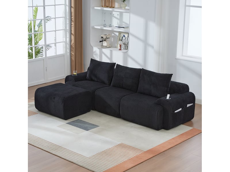 Canapé modulaire 3 places 268x174x80 cm, porte-gobelet, poche latérale, assise large, pouf inclus, velours côtelé noir - Conforama B