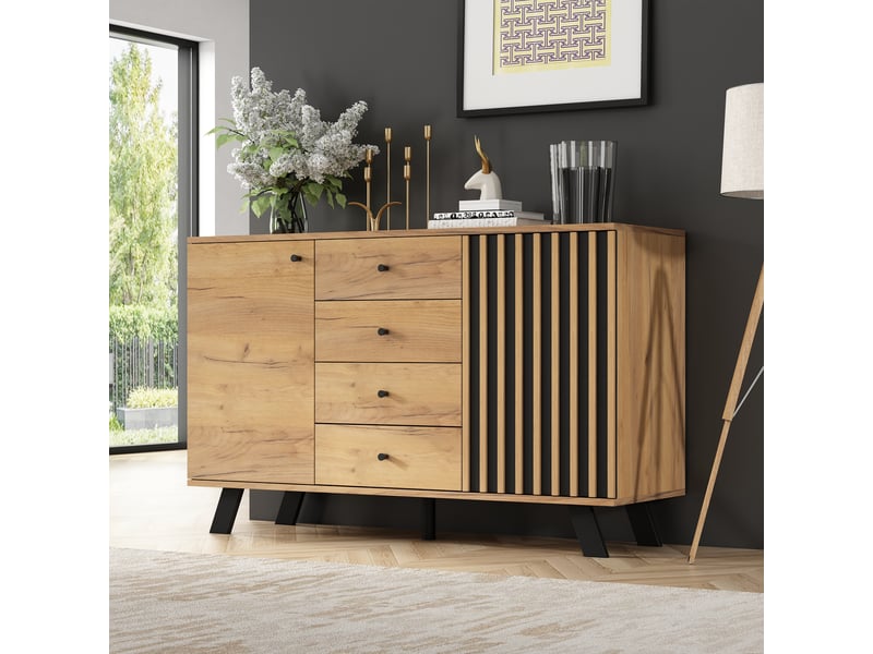 Ensemble meuble tv et buffet avec 6 tiroirs et rangements pour salon bois naturel et noir  - Conforama B