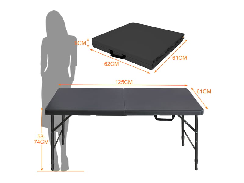 Table de jardin pliante 125 x 61 cm noire, plastique et acier, hauteur réglable 58 à 74 cm avec poignée - Conforama C