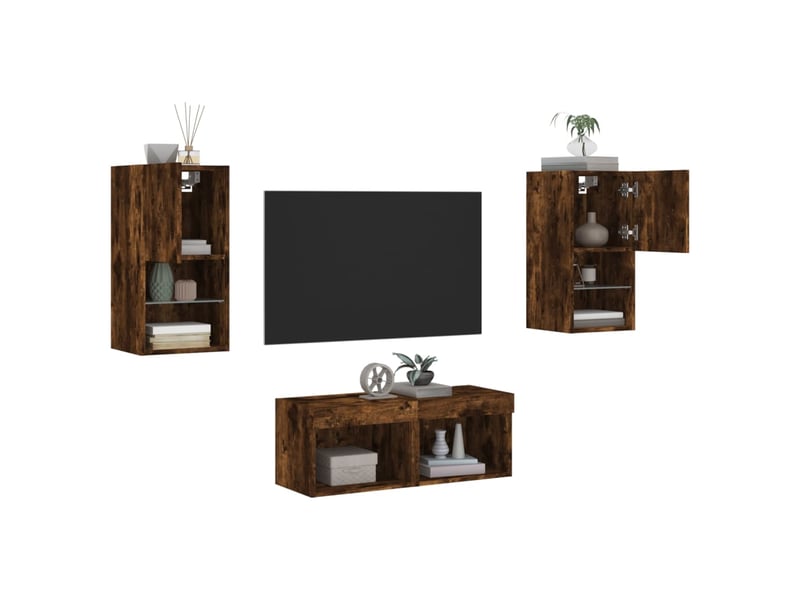  Meuble tv - banc tv - meuble de rangement muraux 4 pcs avec lumières led chêne fumé  - Conforama E