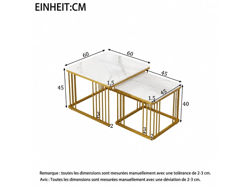  Lot de 2 tables basses gigognes carrées, effet marbre brillant, pieds réglables, blanc et doré  - Conforama E