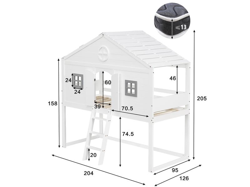  Lit mezzanine 90x200 cm, lit enfant avec escalier et barrière de sécurité, en bois de pin massif et mdf style scandinave, blanc et gris  - Conforama E