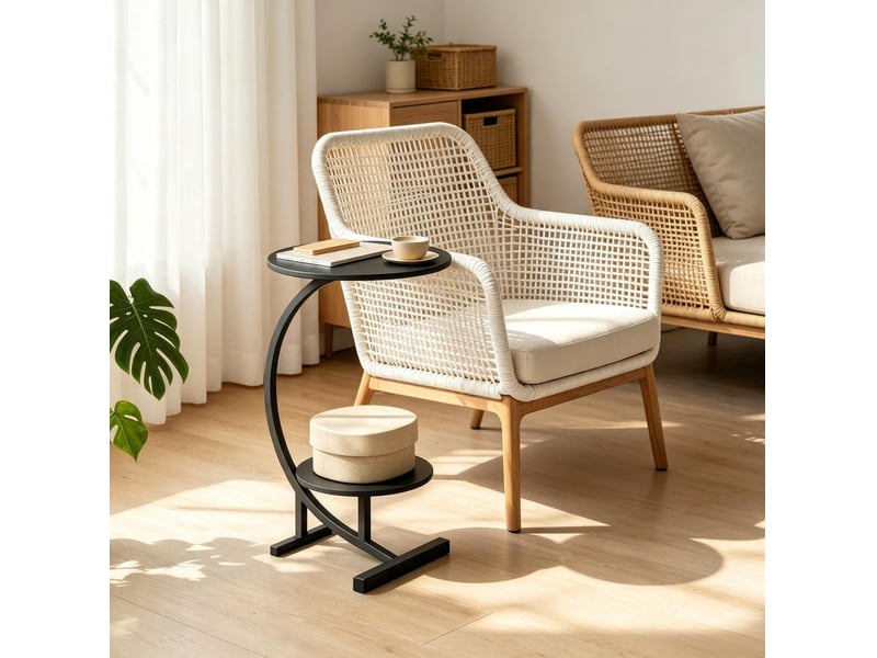  Bout de canapé rond à deux plateaux en mdf et métal noir, hauteur 66 cm  - Conforama D
