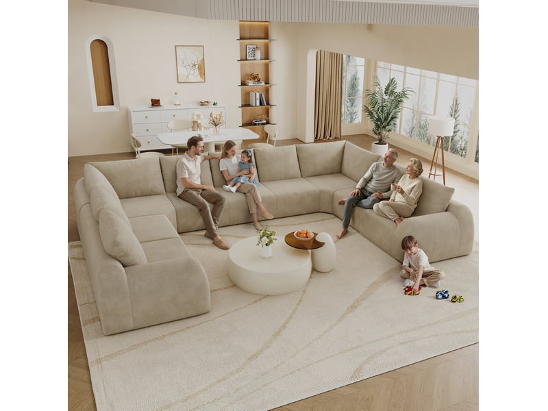  Canapé panoramique en u 9 places en chenille avec mousse haute élasticité, sans montage, pour salon, khaki  - Conforama D
