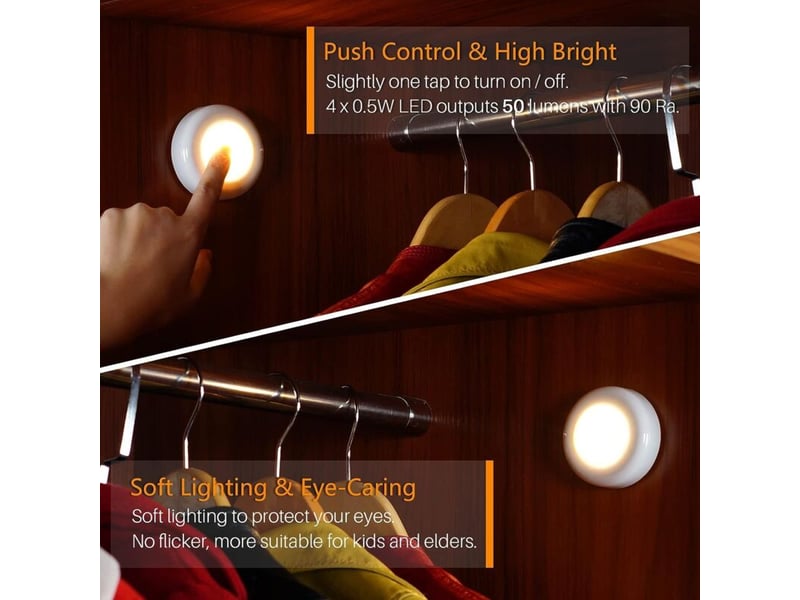  Lot de 6petits spots led tactiles, adhésifs, à piles, intérieur, armoires, armoires, armoires de cuisine, blanc chaud  - Conforama B