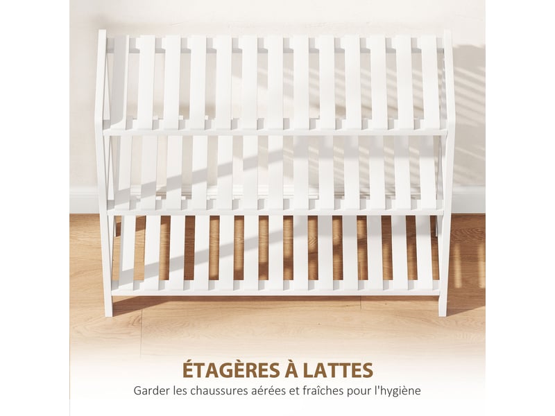 Étagère à chaussures, porte-chaussures 3 niveaux, étagères à lattes, blanc, en bois de pin， 70 x 26 x 57,5 cm  - Conforama E