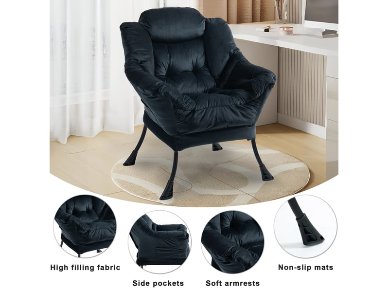  Fauteuil relaxant noir à structure métal avec poche latérale et soutien de nuque, pour vos moments de détente  - Conforama E