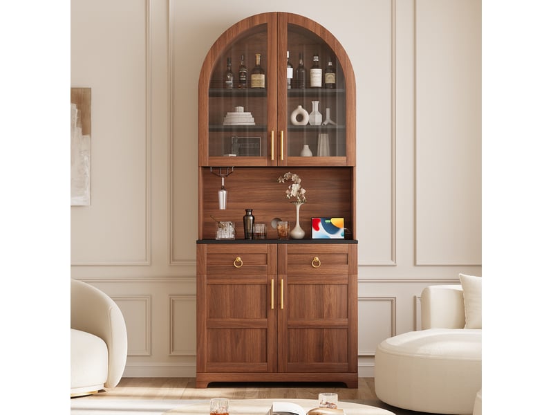  Buffet 80x40x180 cm avec vitrine en verre cintrée, éclairage led, prise intégrée et usb, 2 tiroirs, en mdf, noyer  - Conforama B