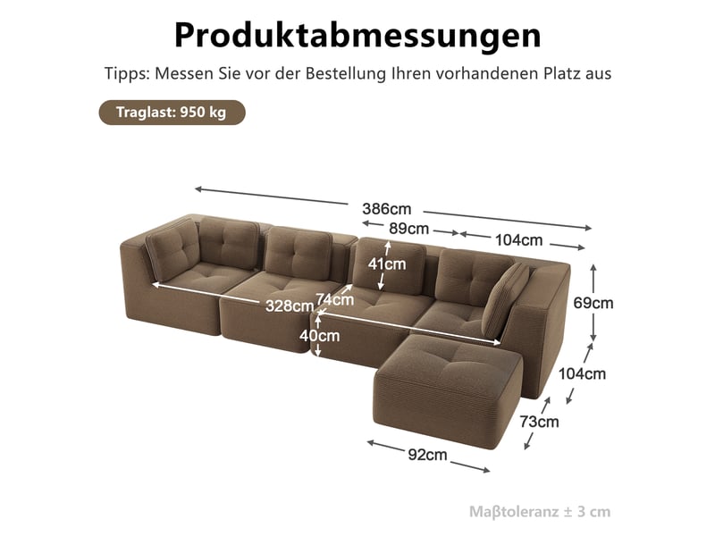  Canapé modulable, canapé 4 places – en velours tricoté, base antidérapante, assise profonde, sans montage, marron, sans cadre  - Conforama E