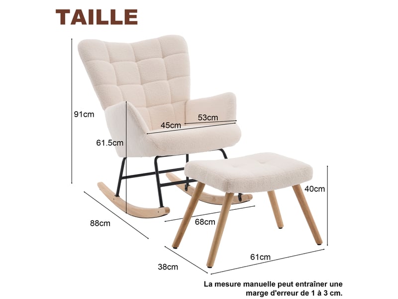  Fauteuil à bascule ulevr avec repose-pieds indépendant, 91 x 61 x 88 cm, structure courbe, tissu effet laine d’agneau beige  - Conforama C