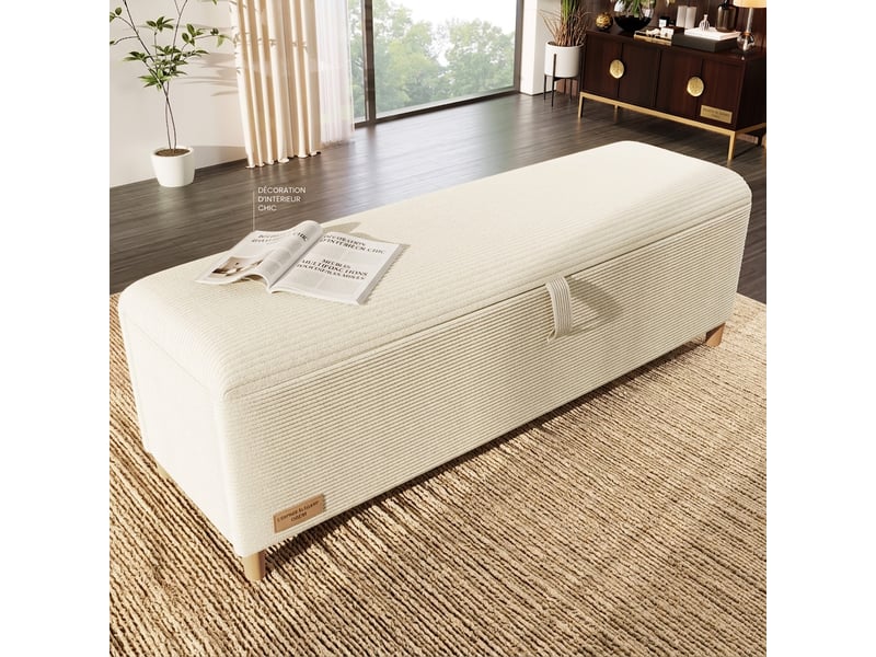  Banc de lit beige 165 cm en velours côtelé avec coffre hydraulique  - Conforama B