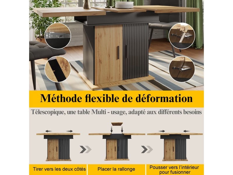 Table extensible avec rangement et étagères réglables pour salle à manger en mdf 110-140×80×75 cm noir naturel - Conforama C