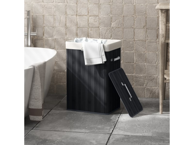  Panier à linge pliable avec couvercle, bambou et toile noire, 72 l, 40 x 30 x 60 cm, sac amovible  - Conforama B