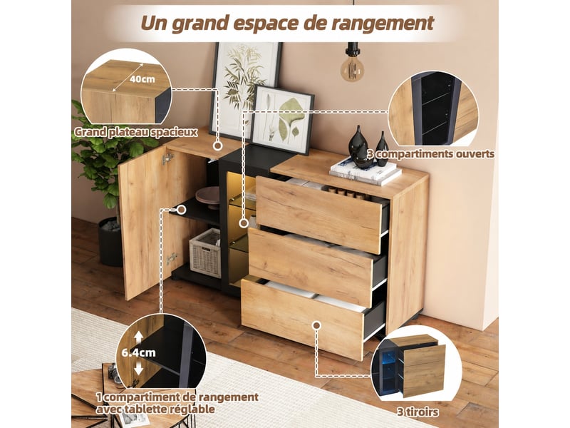  Buffet moderne 140 cm avec trois tiroirs, porte et led contrôlées par application, noir et marron  - Conforama B