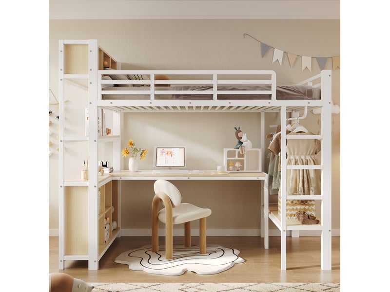  Lit mezzanine 90x200 cm avec bureau et rangements coloris blanc  - Conforama E