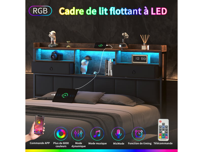  Lit 160 x 200,lit double 160 x 200 avec tiroirs,lit adulte,avec rangement de chevet,port usb et led réglable,pu,noir  - Conforama D