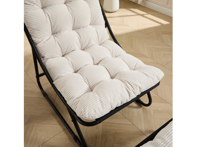 Fauteuil de détente extérieur avec repose-pieds, coussins blancs et structure acier noire, pour intérieur et terrasse - Conforama D