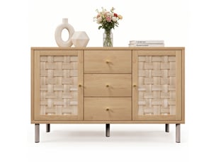 Buffet 120 cm 2 portes 3 tiroirs couleur chêne, façades tressées, style campagne