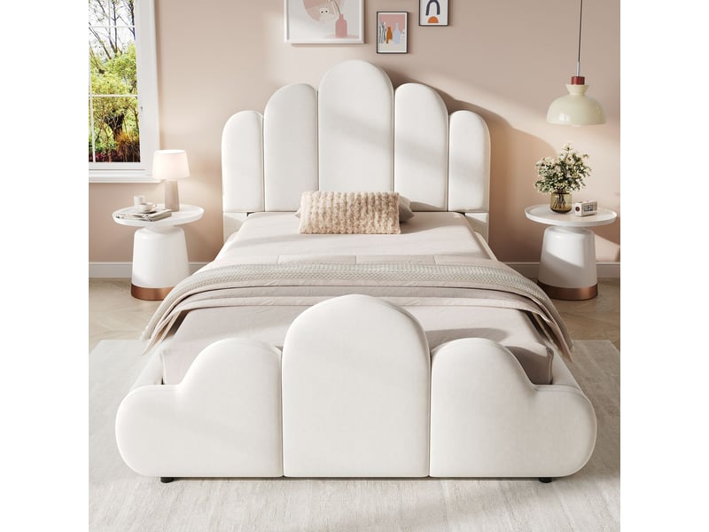  Lit simple 90 x 200 cm tête de lit rembourrée coins arrondis velours beige  - Conforama B