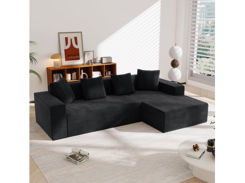  Canapé d'angle modulable 3 places noir en velours côtelé avec méridienne, 261 x 146 x 65 cm  - Conforama D