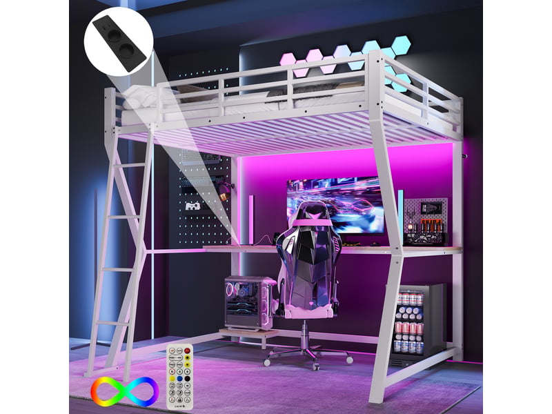  Lit mezzanine enfant 140x200 cm avec led, bureau et usb, métal et mdf, blanc, sans matelas  - Conforama W