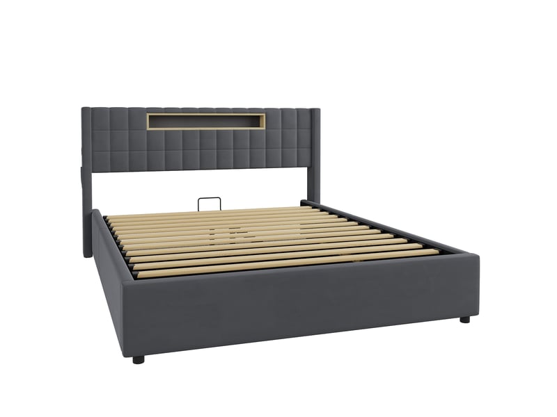  Lit coffre 160x200 cm, lit double adulte avec led et rangement, métal, gris (sans matelas)  - Conforama E