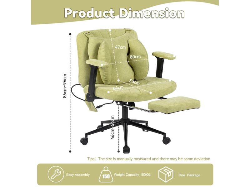 Chaise de bureau pivotante verte en tissu respirant, hauteur réglable, avec repose-pieds et soutien lombaire - Conforama C