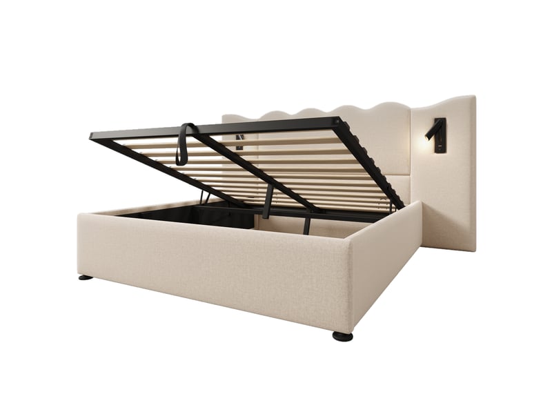 Lit coffre, lit double 160x200 cm, usbusb-c, lampe de lecture, sommier à lattes, matelas inclus, lin beige - Conforama B