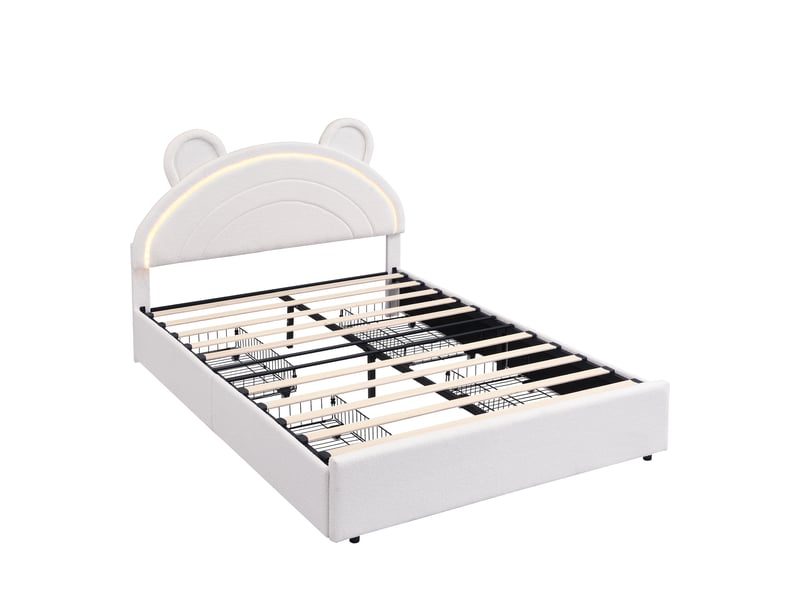 Lit enfant rembourré 140 x 200 cm - lit coffre - avec tête de lit led - 4 tiroirs - beige (matelas non inclus)  - Conforama A