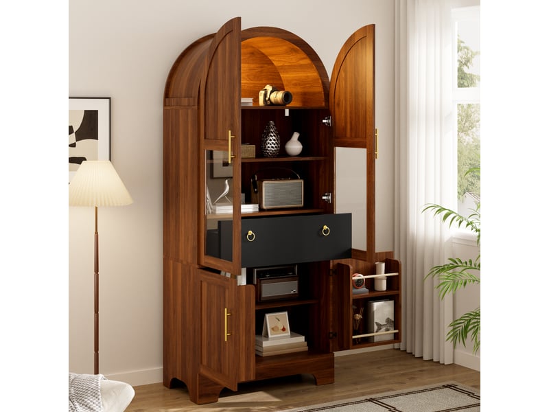 Buffet haut vitrine led arqué 4 portes et tiroir décor noyer 76 × 40 × 180 cm IKSETERA TRADING LTD - Conforama D