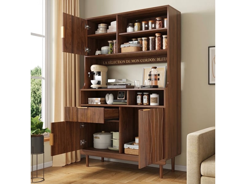  Buffet haut en noyer armoire de rangement avec tiroir et portes meuble de cuisine à étagères ouvertes  - Conforama C